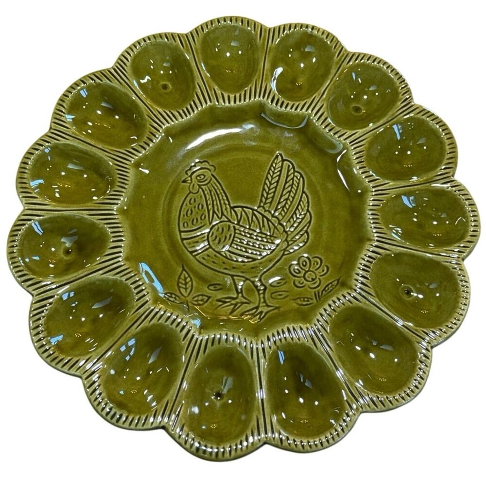 Vintage CALIF USA S 29 Deviled Egg Platter Avocado Green Chicken Folk Art - Picture 7 of 11